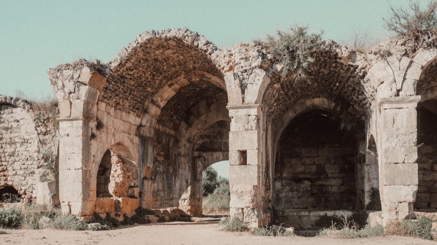 Ancient ruins on a hillside above a Turkish bay